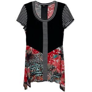 Frank Lyman Tunic Handkerchief Hem Short Sleeve Top Artsy Colorful Stretchy 8 M